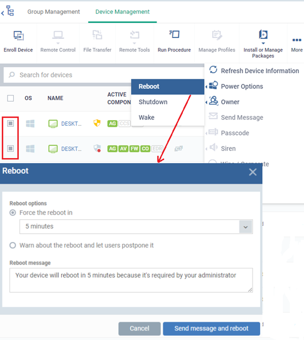 Restart A Selected Device, Endpoint Manager COMODO